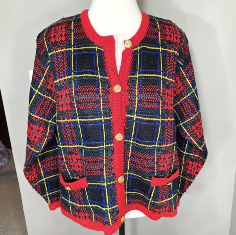 Vintage Westbound Red and Black Plaid Knit Sweater Gold Buttons Women's Large